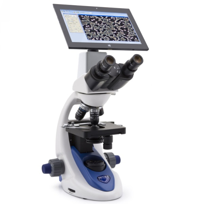Microscopio Binocular con Tablet. Objetivos Planos Acromáticos e Inmersión en Agua y Aceite. Modelo B-190BT.  Marca: OPTIKA