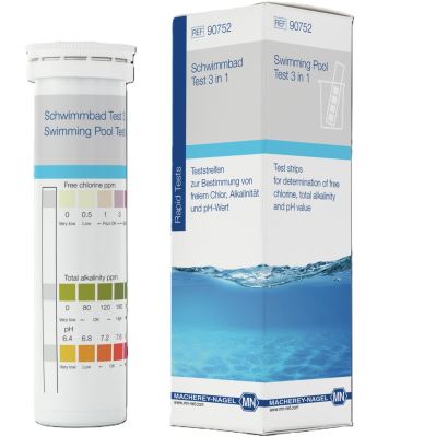 Tiras de ensayo semicuantitativo 3 en 1 (Cloro libre, Alcalinidad y pH), para piletas y piscinas, x 50u. Marca Macherey-Nagel